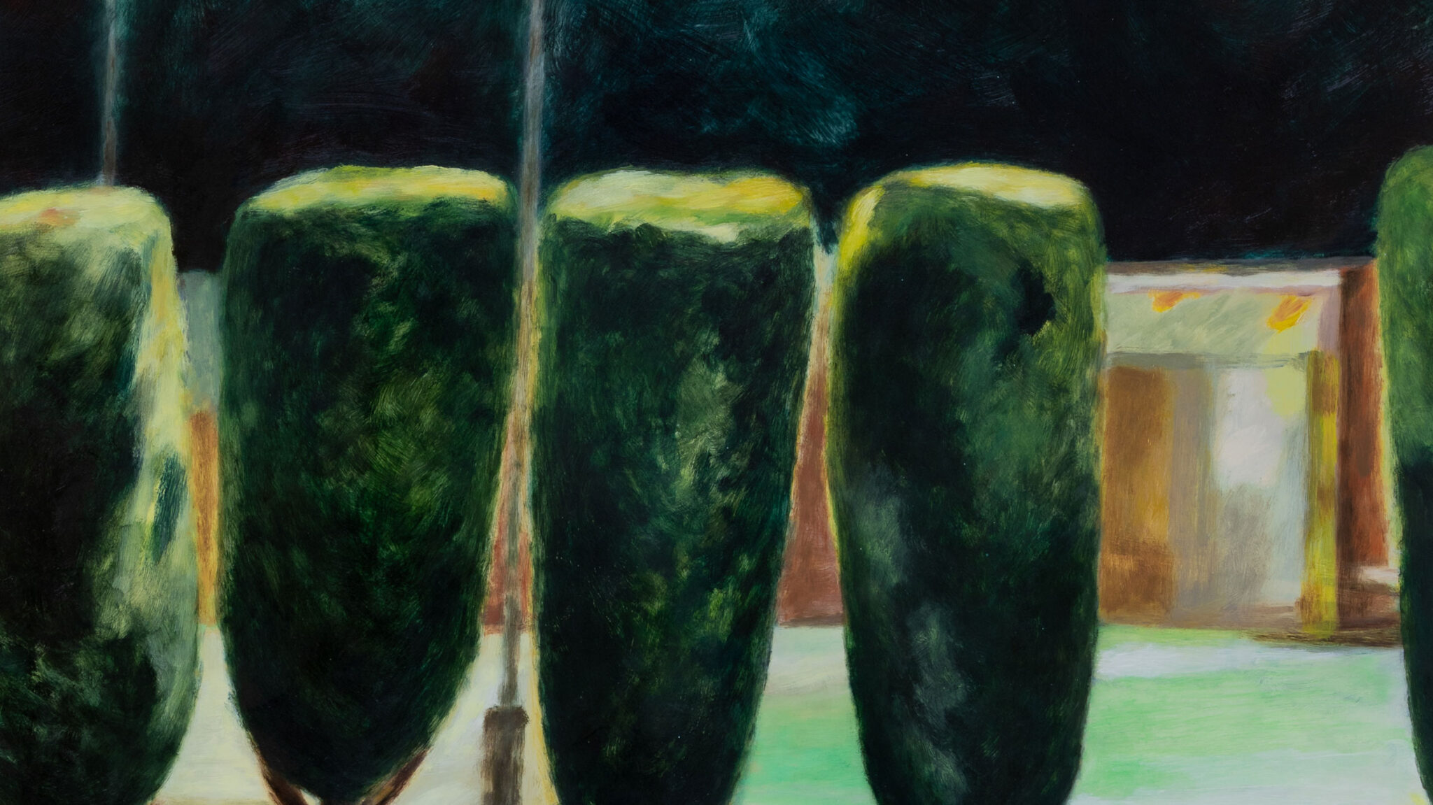 A detail of an oil painting showing pine trees at night in front of a tennis court