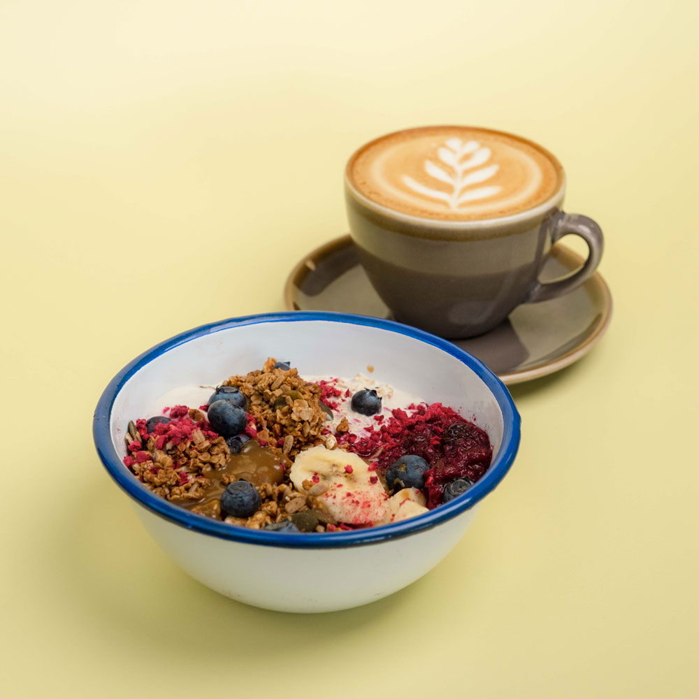 Breakfast bowl and a coffee