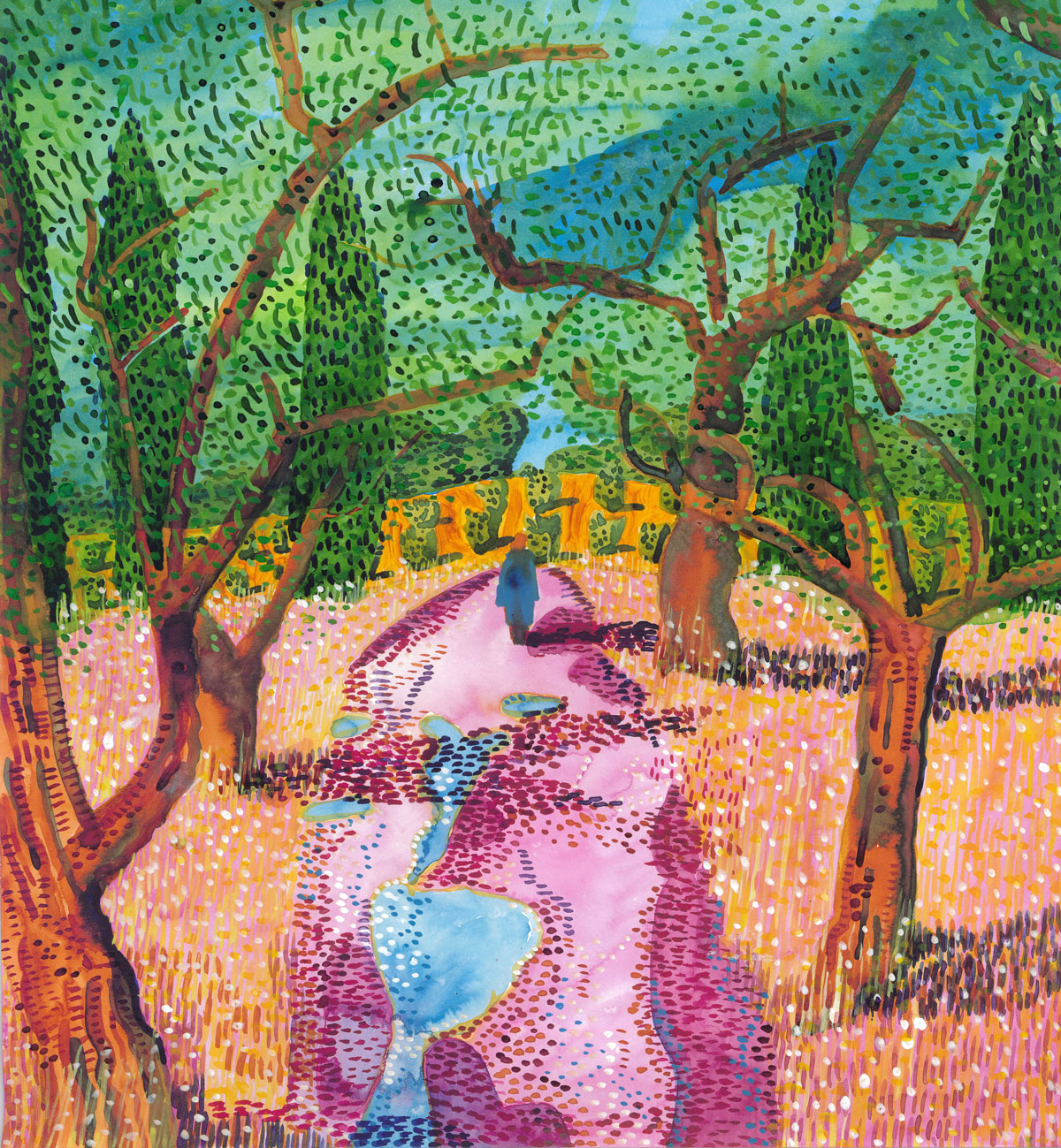 a painting of a person who walks on a path between trees