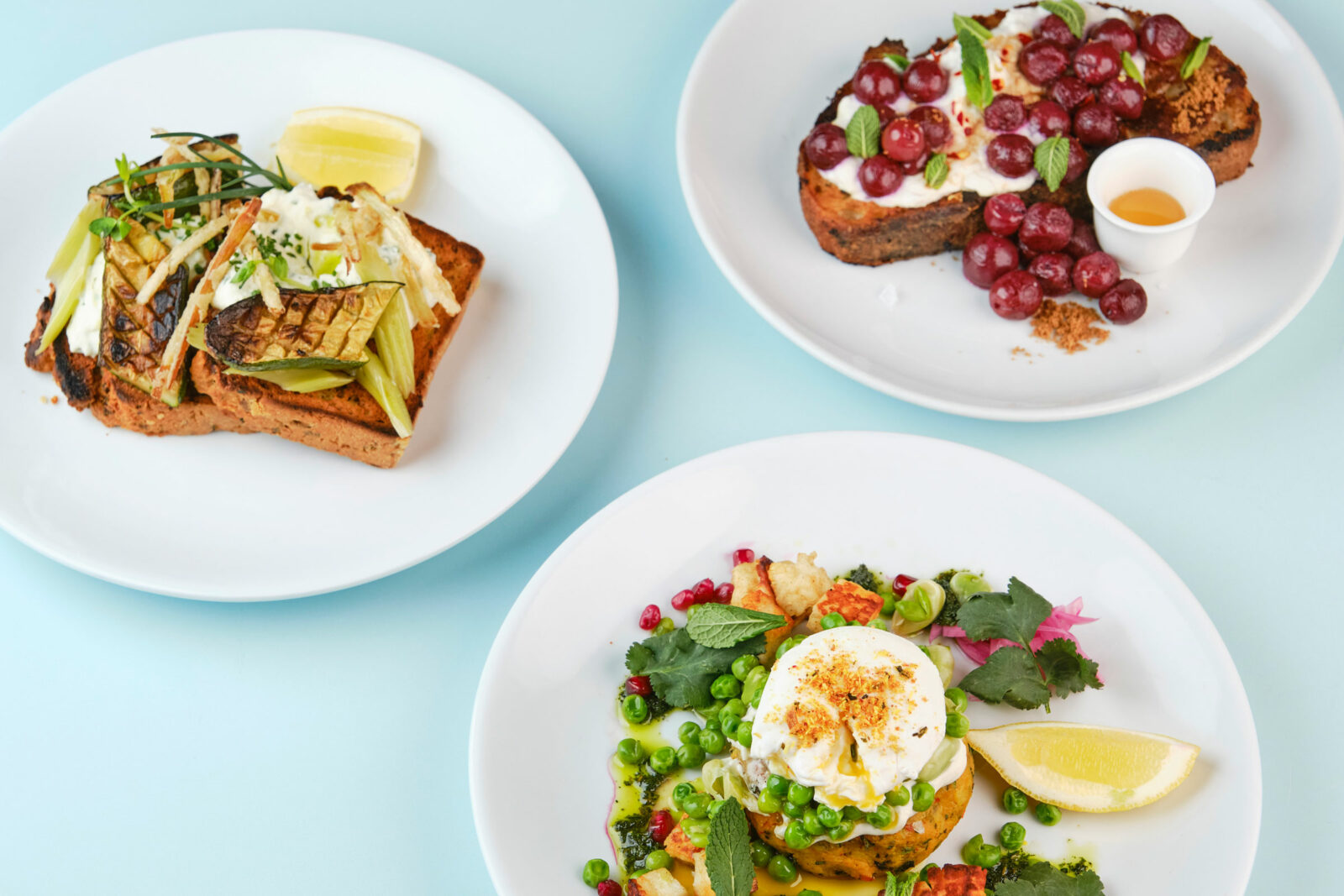 Poached egg, grilled courgette on toast with whipped goat's cheese and french toast